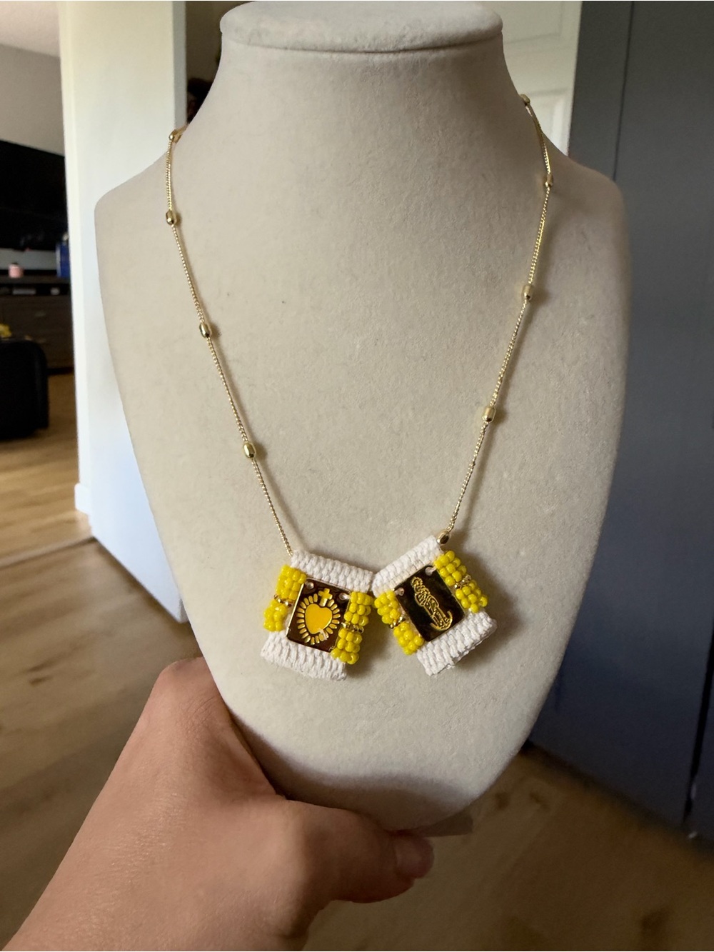 Handmade Yellow Beaded Pendant Necklace and bracelet- Women Jewelry